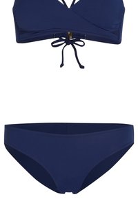 Mörkblå bikini-set bestående av en triangulär bralette med bindning och en låg midja. Slät, stretchig tyg med minimala sömmar.