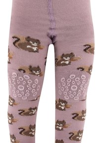 Lila Leggings mit Waschbärmustern und strukturierten, kreisförmigen Grip-Akzenten an den Knien. Weicher, dehnbarer Stoff mit enger Passform.