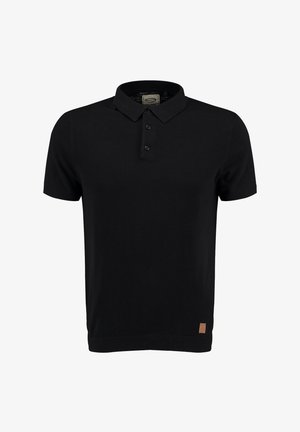 Schwarzes Poloshirt aus Baumwolle, mit klassischem Kragen, drei Knöpfen, kurzen Ärmeln und einem kleinen Leder-Logopatch am Saum.