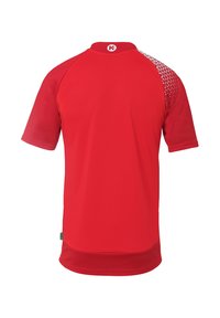 Rode sportieve jersey met korte mouwen, gladde textuur, ronde hals en een patroondetail op één schouder. De stof is lichtgewicht en ademend.