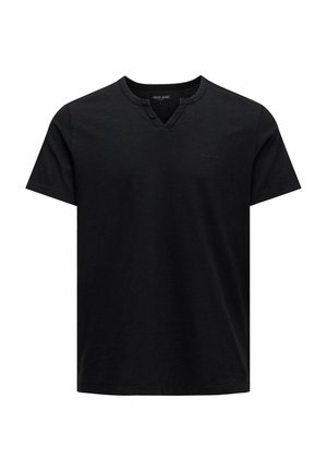 Schwarzes Herren-T-Shirt mit kurzen Ärmeln und V-Ausschnitt mit zwei Knöpfen und kleinem „Salsa Jeans“-Logo auf der Brust.