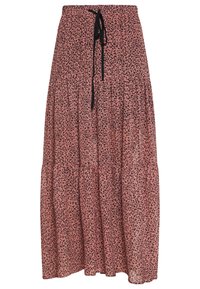Jupe longue à plusieurs volants rose avec imprimé léopard noir, dotée d'une ceinture élastique et d’un cordon de serrage à l'avant. Tissu doux au toucher.
