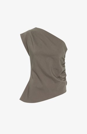 Aszimmetrikus, egyvállas zöld olaj színű felső, amely egy oldalon ráncolt részletekkel rendelkezik, és elegáns sziluettel bír.
