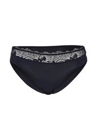 Mutandine bikini nere da donna con bordo in pizzo floreale lungo l'elastico, su uno sfondo bianco.