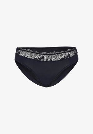 Mutandine bikini nere da donna con bordo in pizzo floreale lungo l'elastico, su uno sfondo bianco.