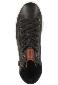 Schwarze Leder-Hochtop-Sneaker mit runder Zehenpartie, strukturiertem Finish, braunem Lederakzent am Kragen und goldfarbenen Beschlägen am seitlichen Reißverschluss.