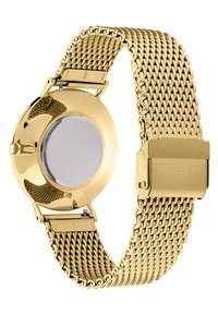 Goldfarbener Metallchronograph mit einem Netzband, runden Gehäuse und glattem Rahmen. Verfügt über ein minimalistisches Design und einen geprägten Verschluss. Keine sichtbaren Markierungen.