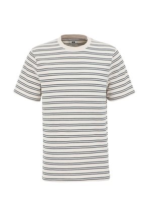 Kremkrāsas īsām piedurknēm raibu krekls ar horizontālām tumši zila krāsas svītrām. Apaļa kakla izgriezuma, mīksta tekstūra un brīvs piegriezums. Nav redzamu etiķešu.