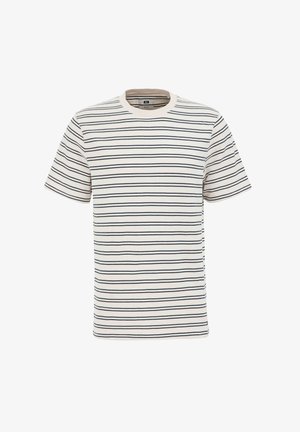 Kreemikarva triibuline lühikeste varrukatega t-särk horisontaalsete tumesiniste triipudega. Ümmargune kaelus, pehme tekstuur ja lõdvestunud istuvus. Ei ole nähtavaid silte.