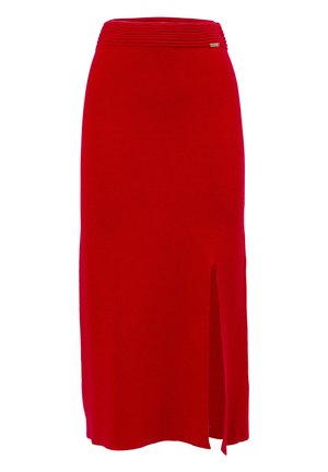 Roter, knielanger Rock aus weichem Stoff. Verfügt über einen gerippten Bund und einen seitlichen Schlitz für mehr Bewegungsfreiheit. Ein dekoratives Hardware-Detail ist enthalten.