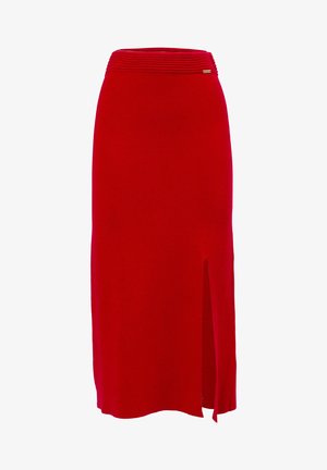 Roter, knielanger Rock aus weichem Stoff. Verfügt über einen gerippten Bund und einen seitlichen Schlitz für mehr Bewegungsfreiheit. Ein dekoratives Hardware-Detail ist enthalten.