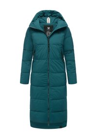 Lang teal puffjakke med hette, har en frontglidelås, to sidelommer og horisontal quiltet mønster for isolasjon.