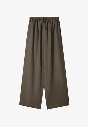 Brown, wide-leg trousers made from soft fabric featuring an elastic waistband with a drawstring. The design includes subtle pleats and a relaxed fit.