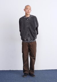 Jaqueta cinza com fecho zíper e detalhes de cor clara, calças castanhas e calçado preto. Textura suave, corte relaxado e design simples.