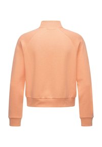 Svetrová mikina světle broskvové barvy s vysokým límcem, raglánovými rukávy a žebrovanými manžetami. Hladký povrch s krátkým střihem. Jemné logo na zadní straně.