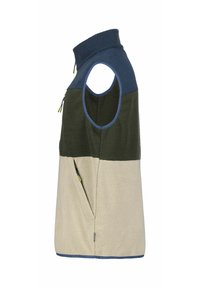 Kamizelka polarowa z wysokim kołnierzem, składająca się z zielonych, niebieskich i beżowych sekcji. Posiada zapinaną na zamek kieszeń boczną oraz otwory na ręce, co ułatwia zakładanie.