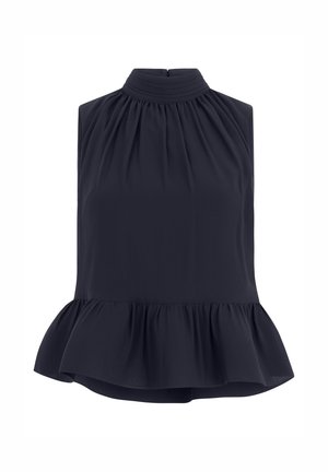 Sleeveless black blouse with high gathered neckline and ruffled peplum hem, fitted at the neck and waist.