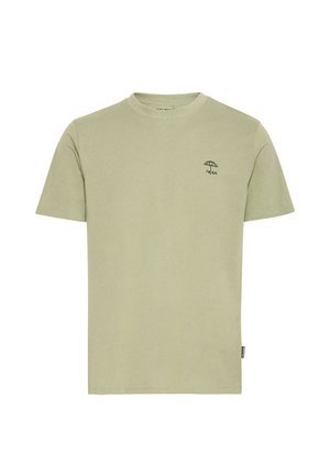 Light green cotton t-shirt with short sleeves, crew neck, and small black umbrella graphic at the chest. Soft, smooth texture.