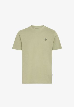 T-shirt en coton vert clair avec des manches courtes, col rond et petit graphisme de parapluie noir sur la poitrine. Texture douce et lisse.