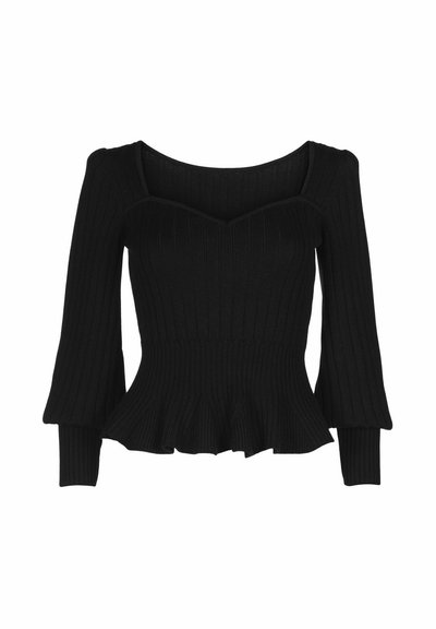 Schwarzes, geripptes Strickoberteil mit quadratischem Ausschnitt, ausgestellten langen Ärmeln und einem Peplum-Saumdetail. Verfügt über einen strukturierten Stoff für eine figurbetonte Passform.