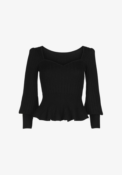 Črn rebrast pleteni top s kvadratnim izrezom, razširjenimi dolgimi rokavi in peplum detajlom. Ima teksturirano tkanino za prilegnjen videz.