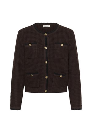 Dark brown knitted cardigan with black trim, gold buttons, and four front pockets, featuring a round neckline and long sleeves.