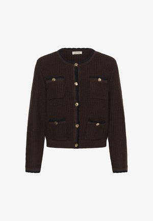 Donkerbruine gebreide cardigan met zwarte bies, gouden knopen en vier zakken aan de voorkant, met een ronde halslijn en lange mouwen.