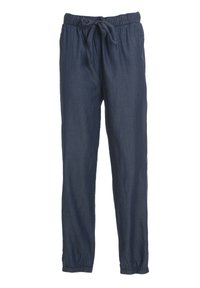 Navyblaue Leinenhose mit elastischem Bund, Kordelzug und schmal zulaufenden Beinen, mit einer weichen Textur und umgeschlagenen Knöcheln.