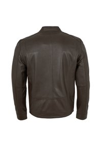 Braune Lederjacke mit glatter Textur, minimalistischem Design, Stehkragen und vertikalen Nahtdetails auf dem Rücken.