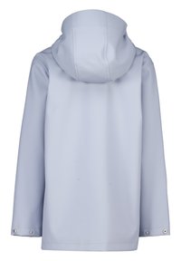 Light blue raincoat with a hood, made of smooth waterproof material. Features snap closures at cuffs and a clean, minimalist design.