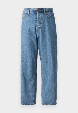Light blue denim jeans with a loose fit, featuring a button closure, five pockets, and minimal fading for a clean look. Classic tapered leg design.