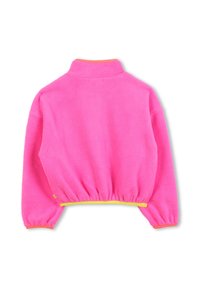 Fleece pullover in bright pink with a high collar, elasticized hem, and yellow-accented lower band. Soft texture and relaxed fit.