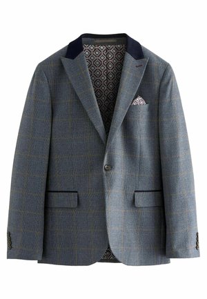 Karierter Blazer in Blau mit einem dunkelblauen Kragen, zwei vorderen Taschen und einem gemusterten Innenfutter. Inklusive einer Einstecktuch.