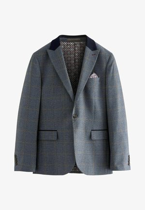 Mėlynas patikrintas švarkas su tamsiai mėlynu apykakle, dviem priekinėmis kišenėmis ir raštuota vidinė pamušalu. Į komplektą įeina kišeninis nosinaitė.