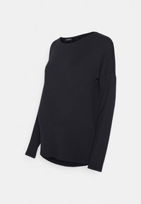 Blusa de maternidade preta de mangas longas, feita de tecido suave, com decote redondo e corte descontraído, apresentando uma bainha arredondada para maior conforto.