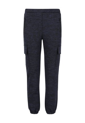 Marineblauwe joggingsbroek met een gestructureerd patroon, elastische tailleband, zijzakken en elastische boorden. Gemaakt van een zachte, ademende stof.