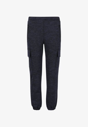 Marineblauwe joggingsbroek met een gestructureerd patroon, elastische tailleband, zijzakken en elastische boorden. Gemaakt van een zachte, ademende stof.