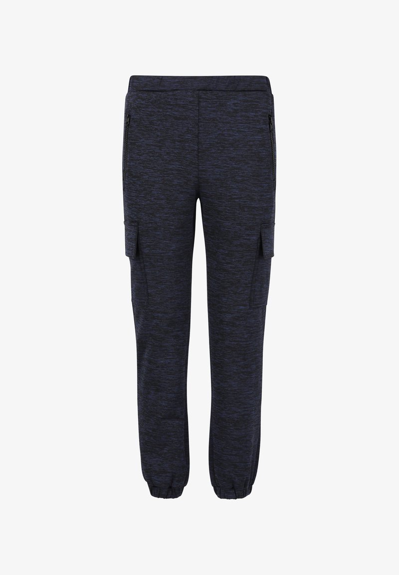 Tummansinisiä juoksuhousuja, joissa on teksturoitu kuosi, joustava vyötärö, sivutaskut ja joustavat hihnat. Valmistettu pehmeästä ja hengittävästä kankaasta.