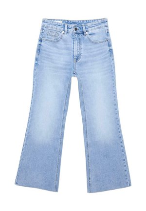 Hellblaue High-Waist Wide-Leg-Jeans mit vorderen Knöpfen, Reißverschluss und Fünf-Pocket-Design, auf weißem Hintergrund dargestellt.