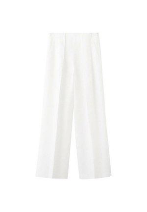 Pantalon blanc à jambes larges, taille haute, plis devant et poches latérales, présenté sur un fond blanc uni.