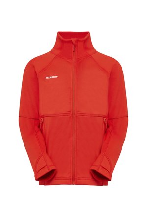 Giacca in pile rossa con zip intera, colletto alto, due tasche laterali con zip e logo "MAMMUT" sul petto sinistro.