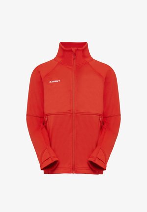 Czerwona rozpinana bluza polarowa z wysokim kołnierzem, dwoma zamykanymi na zamek kieszeniami na dłonie oraz logo "MAMMUT" na lewej piersi.