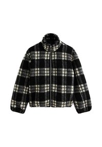 Zwart-witte geruite jas van zachte, textuur fleece, met een rits aan de voorkant en een hoge kraag met elastische manchetten en zoom.