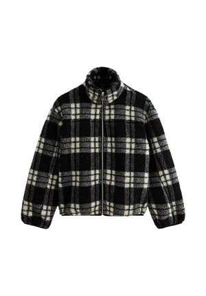 Zwart-witte geruite jas van zachte, textuur fleece, met een rits aan de voorkant en een hoge kraag met elastische manchetten en zoom.