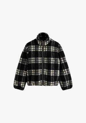 Veste à carreaux noir et blanc en polaire douce et texturée, avec une fermeture éclair sur le devant et un col montant, dotée de poignets et d'un ourlet élastiques.
