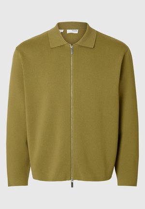 Olijfgroene zip-up cardigan van textuurstof; voorzien van een vlakke kraag en lange mouwen met een relaxte pasvorm. Details met zilveren rits.