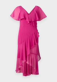 Robe fuchsia avec un décolleté en V, des manches évasées et des volants superposés. Confectionnée en tissu léger, avec un ourlet asymétrique et un tomber texturé.