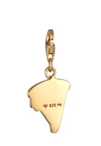 Guldtonad metallberlock i form av en pizzabit, med en hummerklämma och graverad med "925 Ag" märkning. Slät yta.