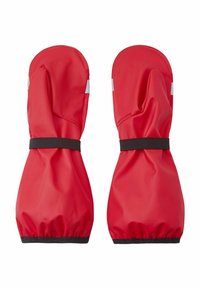 Rote wasserdichte Handschuhe mit konturiertem Design, elastischen Bündchen und schwarzen Bändern am Handgelenk. Glatte Textur mit weißen reflektierenden Akzenten.
