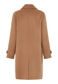 Manteau en laine camel marron avec manches longues, fente au dos et col, présenté de dos sur fond blanc.